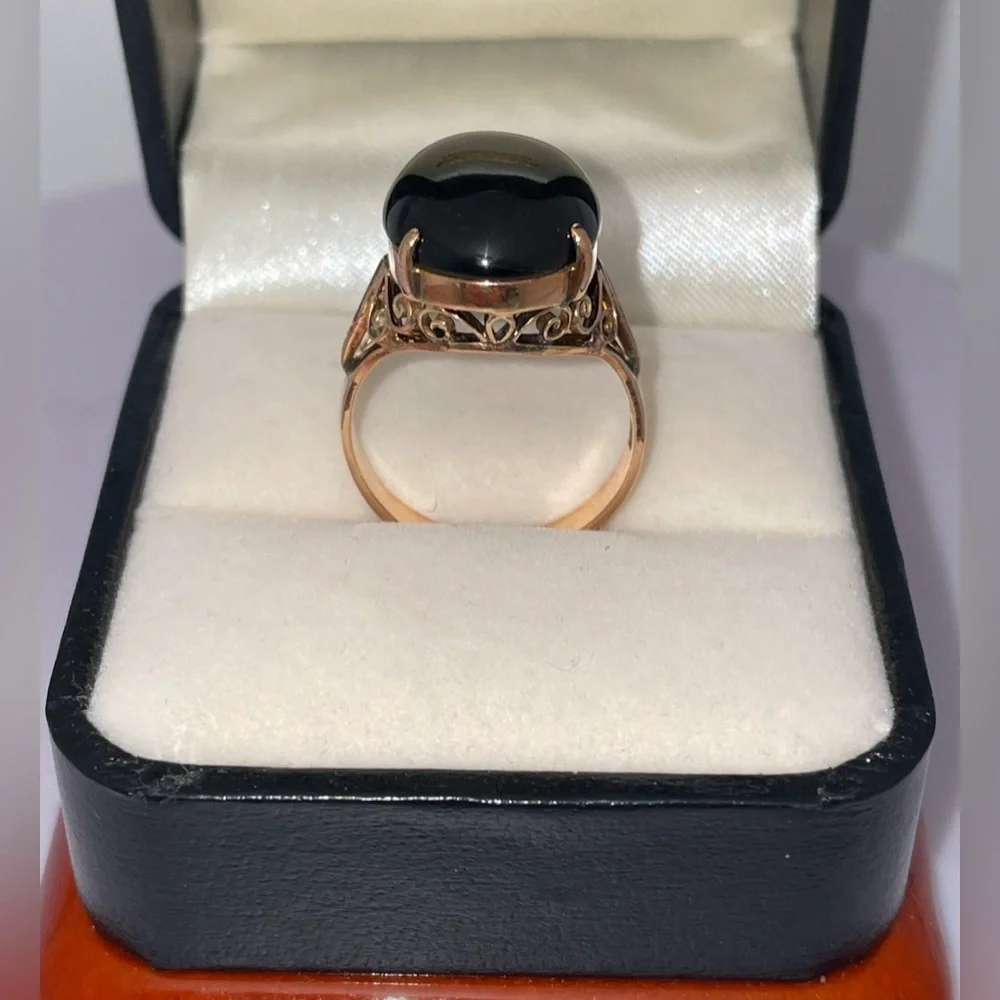 Solid 14K Yellow Rose Gold Natural Black Jade Oval Ring Vintage Estate